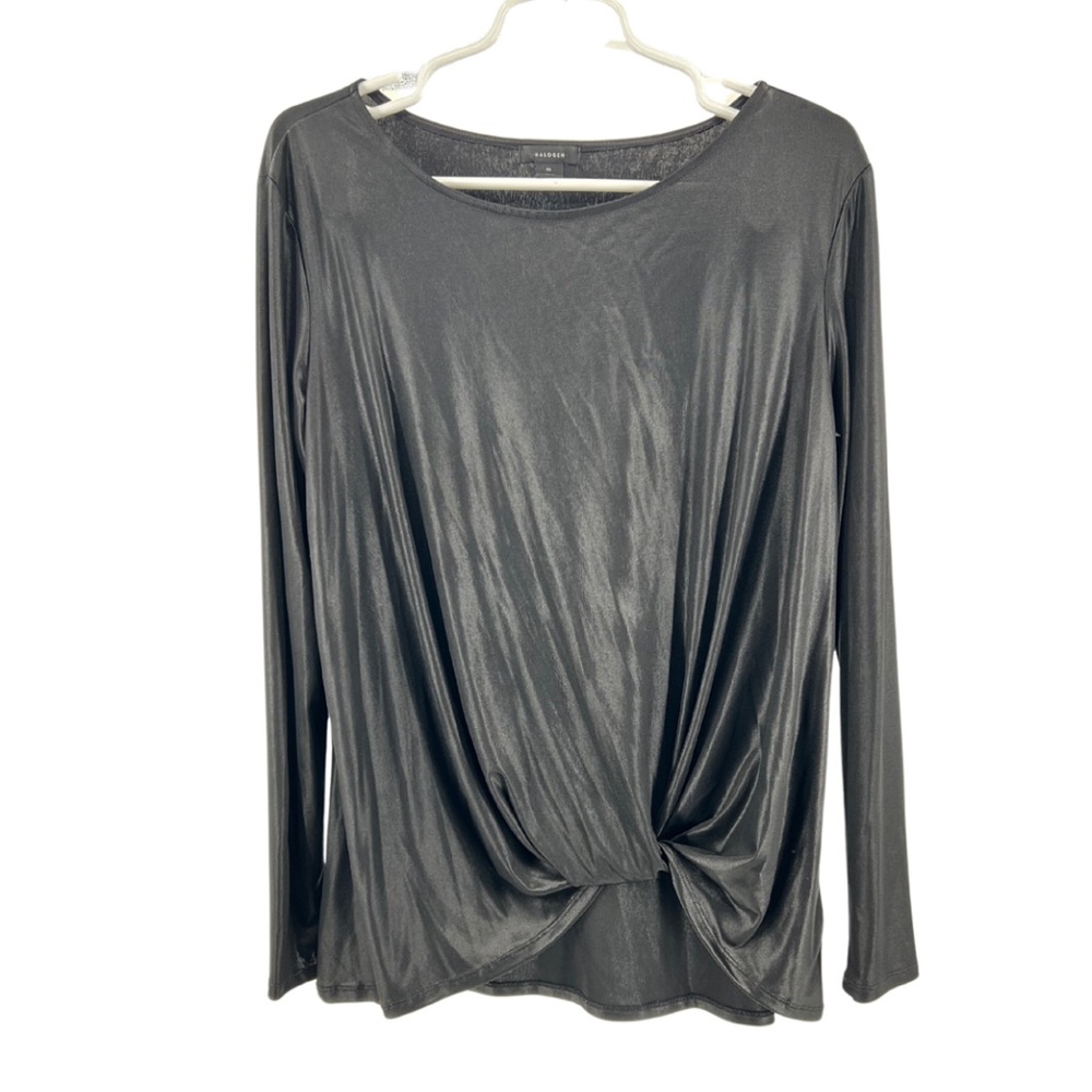 Halogen lightweight twist front shiny ling sleeve M top faux leather metallic